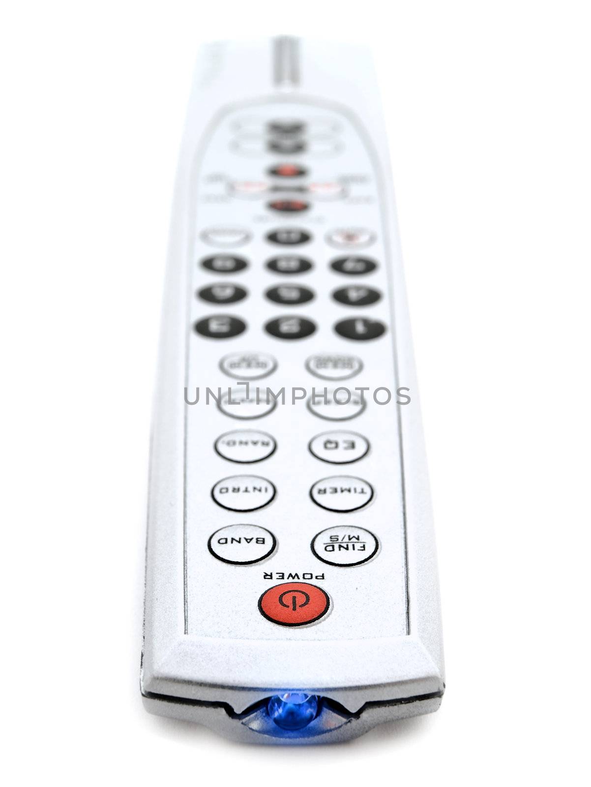 Single modern remote control over the white background 