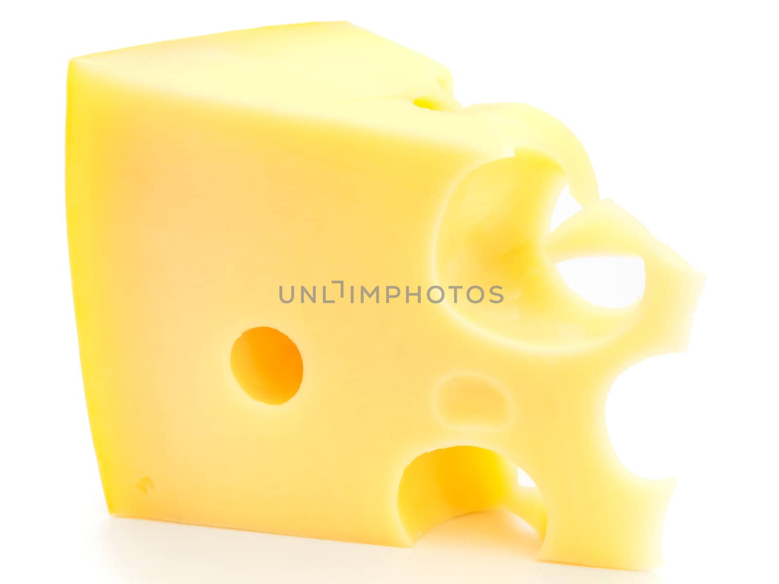 Single  tasty yellow piece of cheese against the white background 