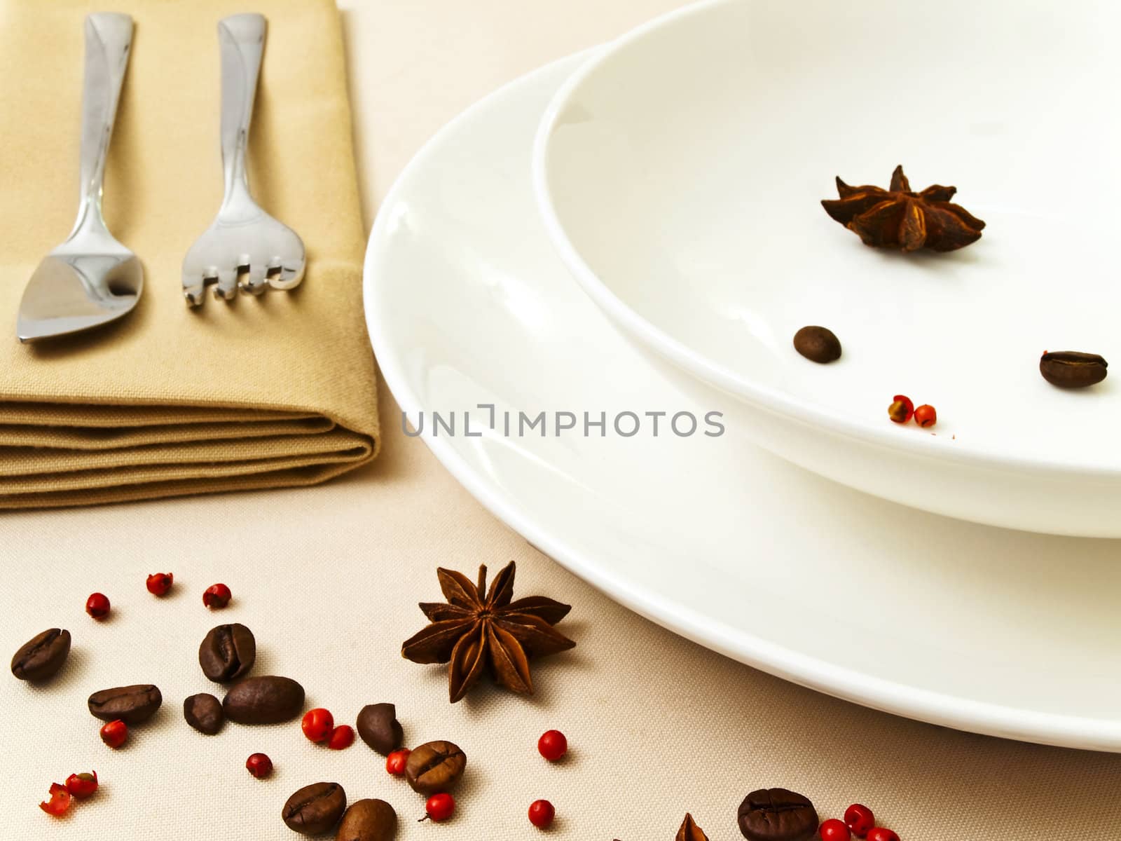 table serving with dishware, knife, fork and spice