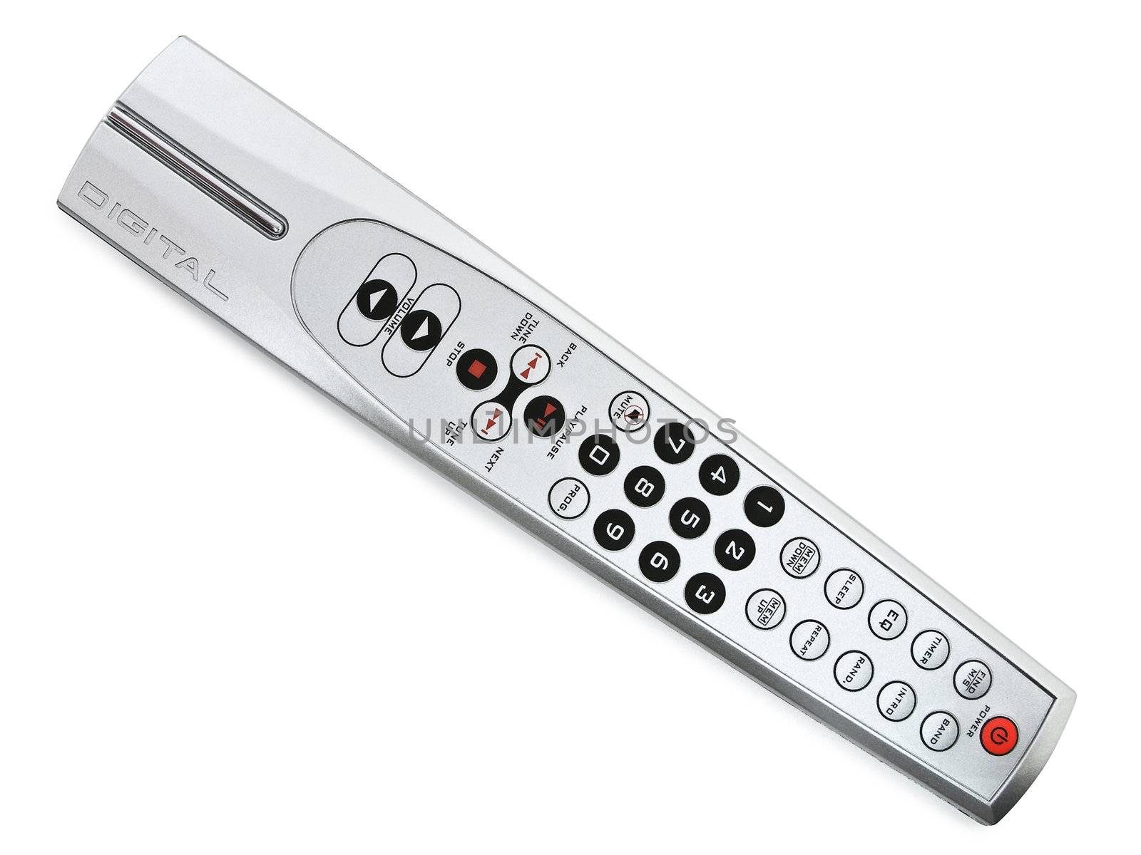 Photo of modern remote control over the white background 