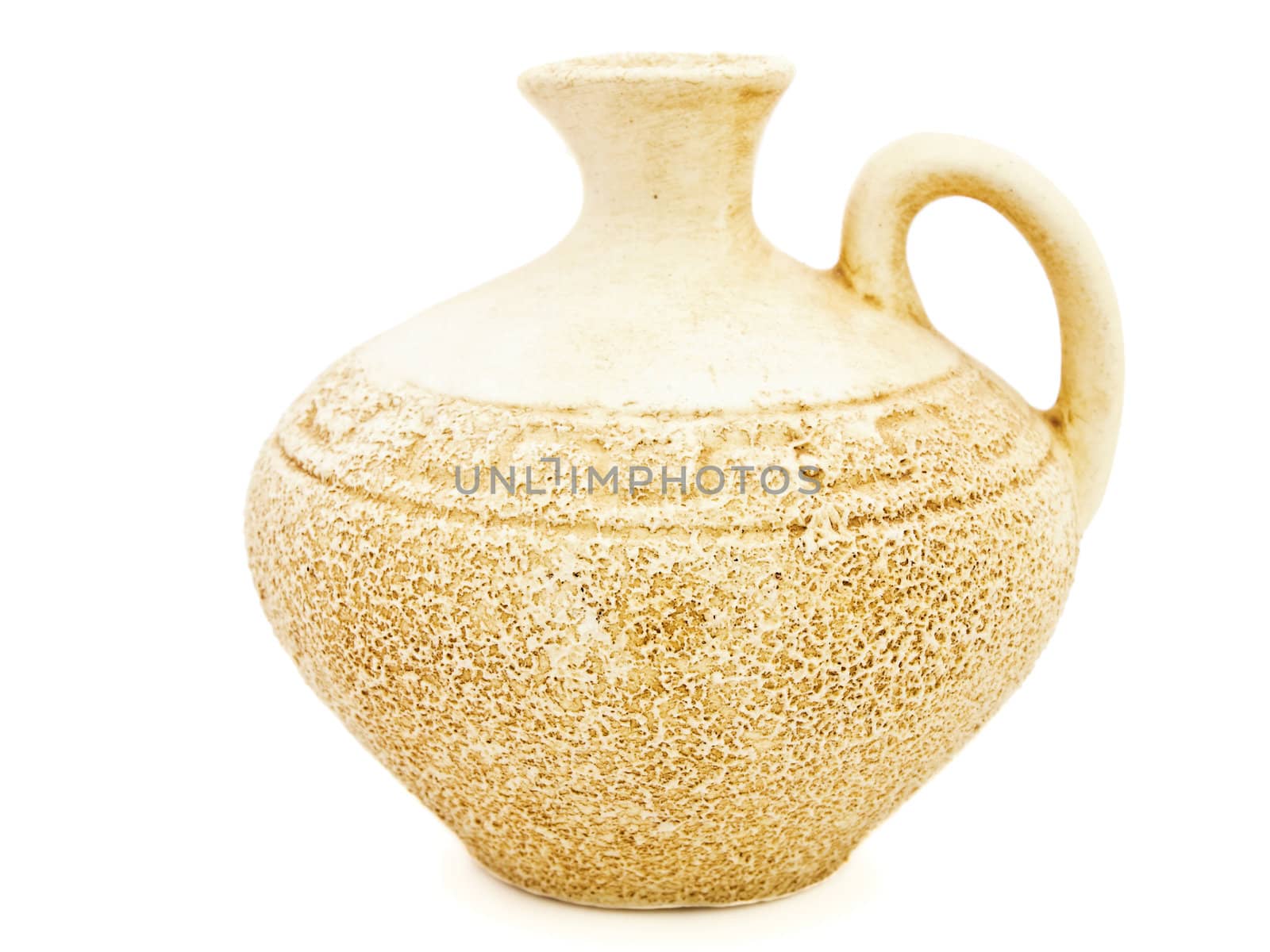Single ancient beige vase against white background 