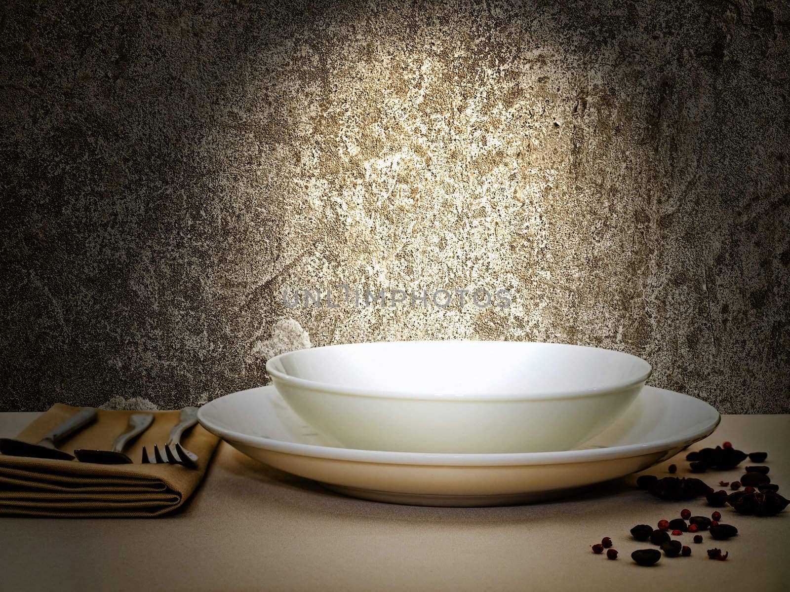 table serving with plates, seeds and shoppers against grunge background