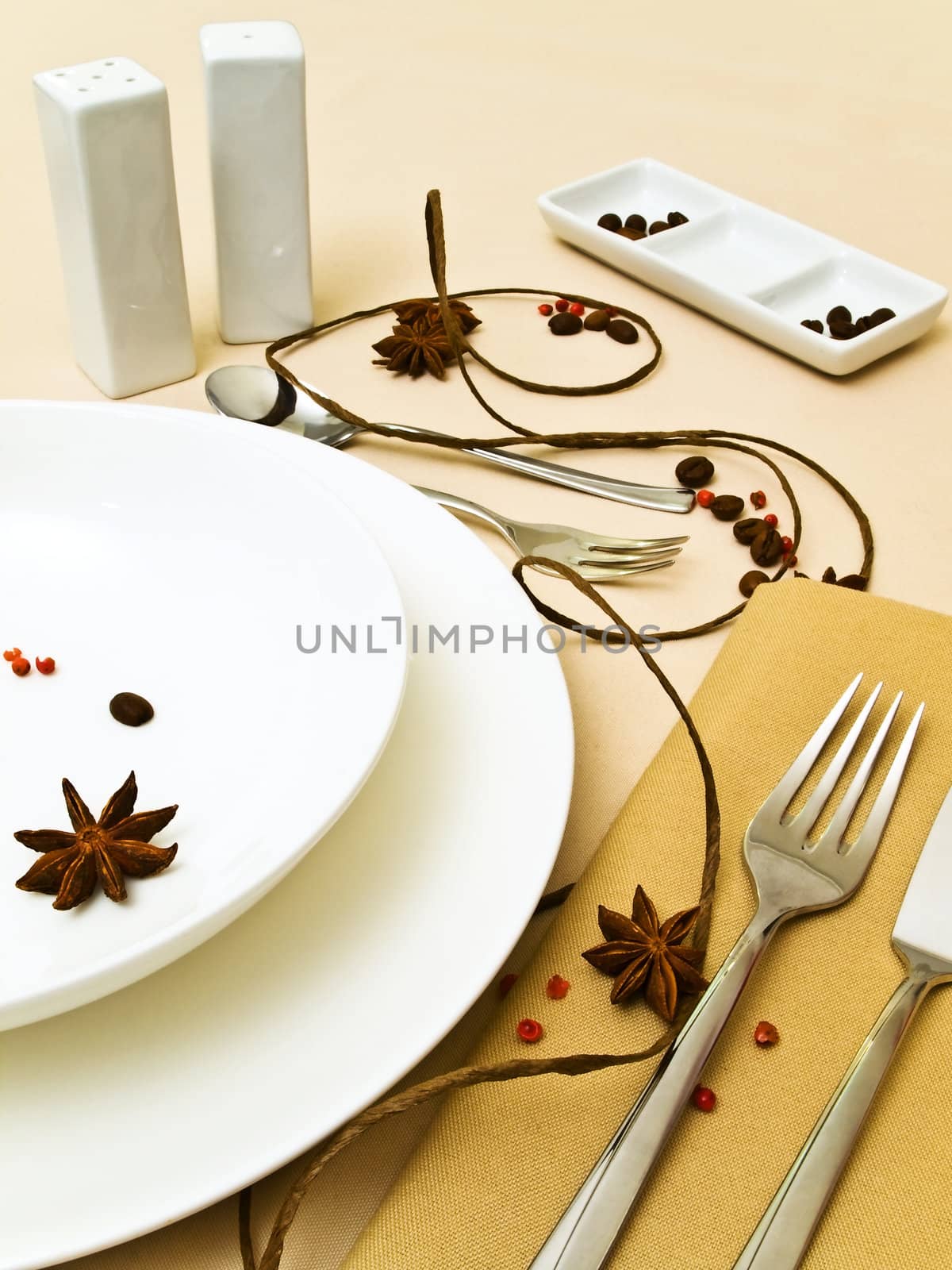 creative table serving with spice, decoration and dishware