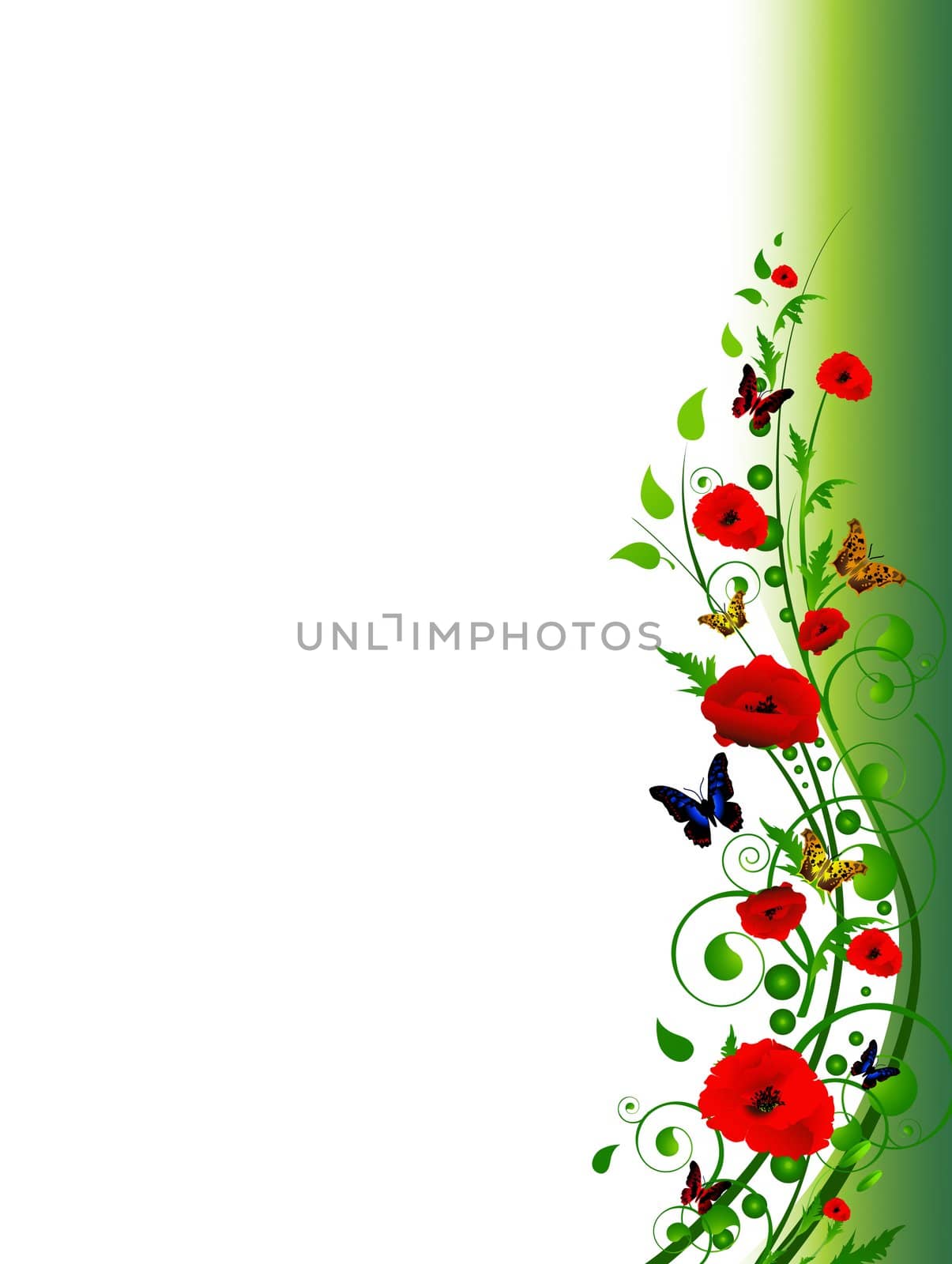 vertical floral multicolored summer frame with swirls, butterfly and foliage with copy-space for your text 