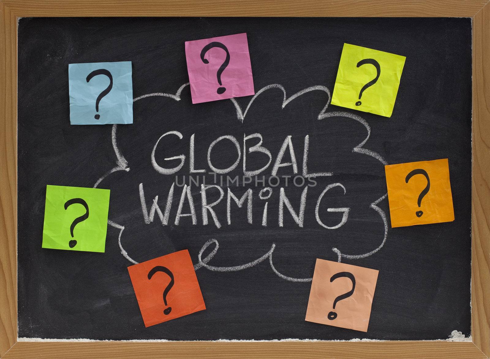 concept of global warming question - doubt or unsolved problems, white chalk handwriting and colorful sticky noted on blackboard