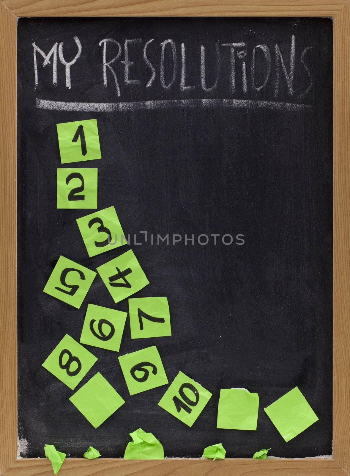 concept of New Year resolution fading, being erased or falling apart - white chalk handwriting and green reminder notes on blackboard