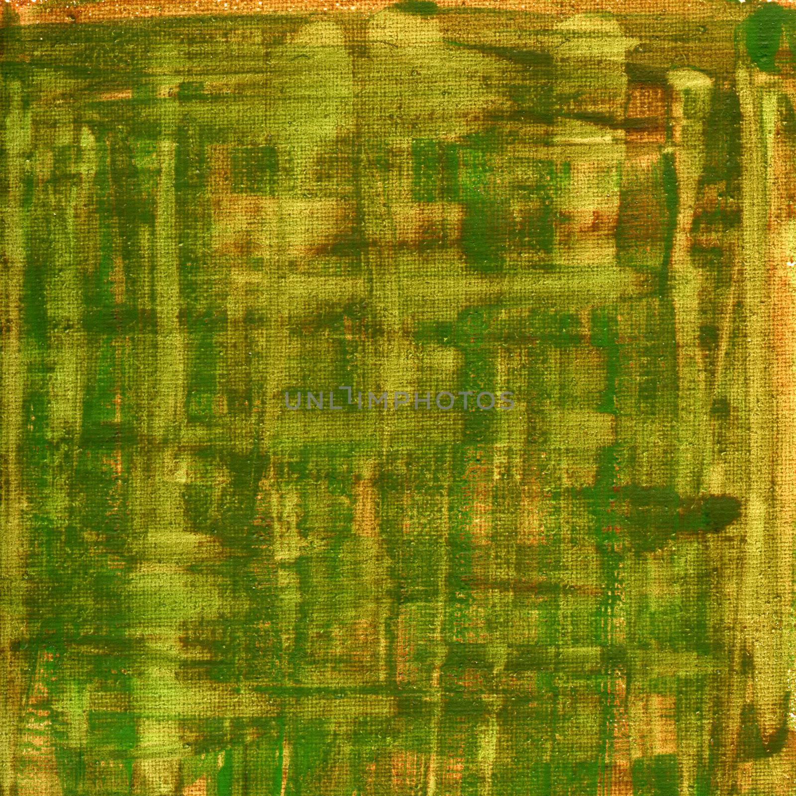 green, brown, yellow watercolor abstract with canvas texture by PixelsAway