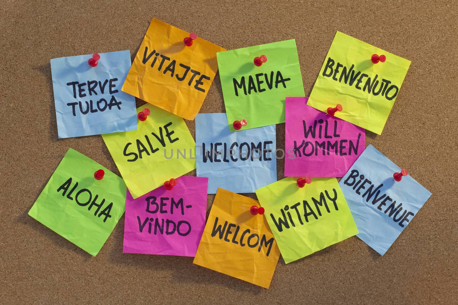 welcome in a dozen of languages (Finnish, Slovak, Tahitian, Italian, Latin, English, German, Hawaian, Portuguese, Dutch, Polish, French) - cloud of colorful sticky notes on cork bulletin board, low angle contrasty light