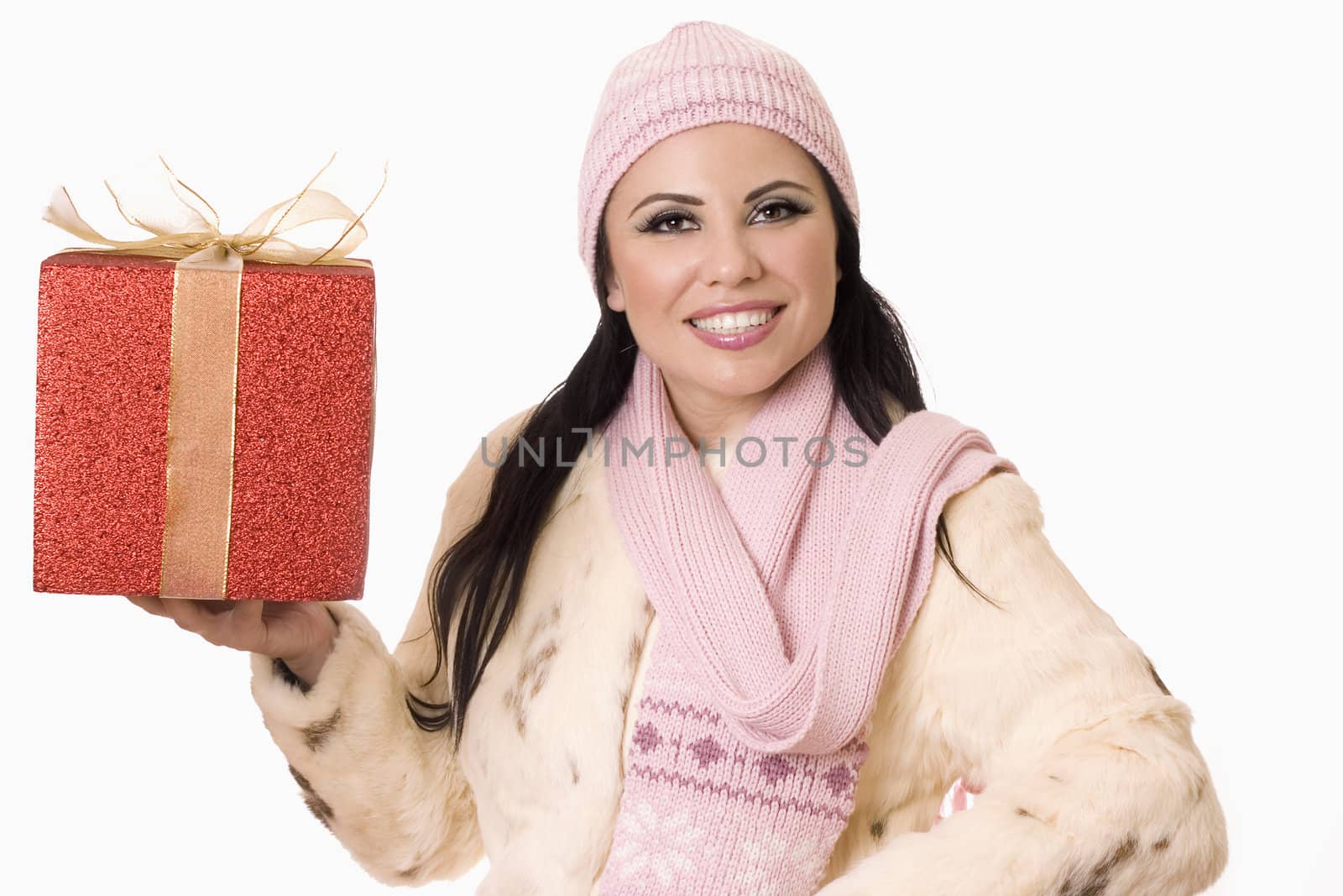 Beautiful brunette holding a present or place your own boxed product in her hand.
