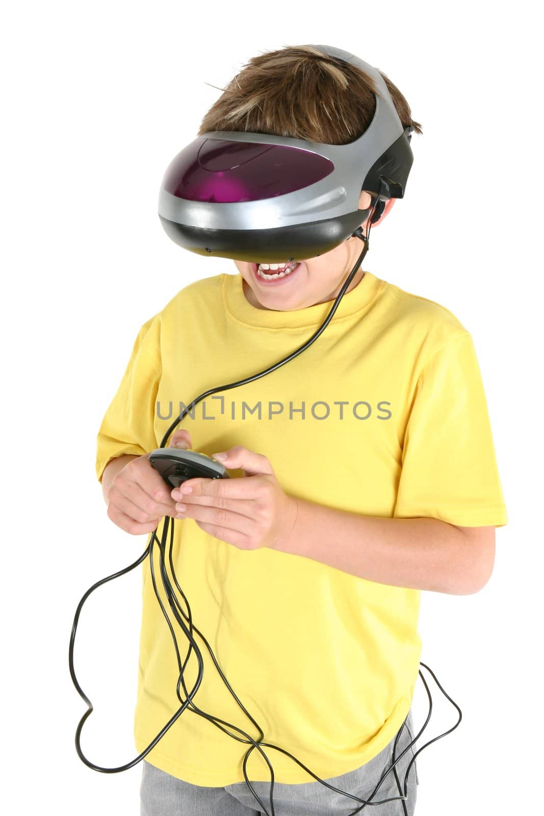 A young boy enjoying virtual reality games.