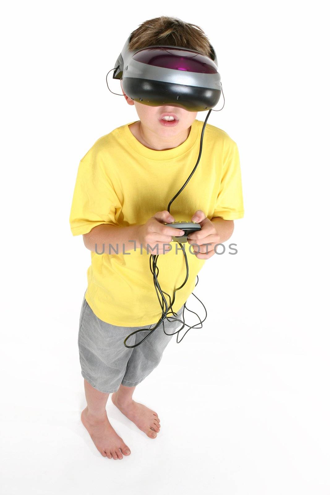A boy playing a virtual reality game.