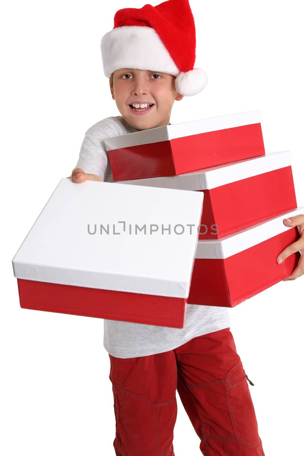 In the spirit of giving a child hands out Christmas gifts
