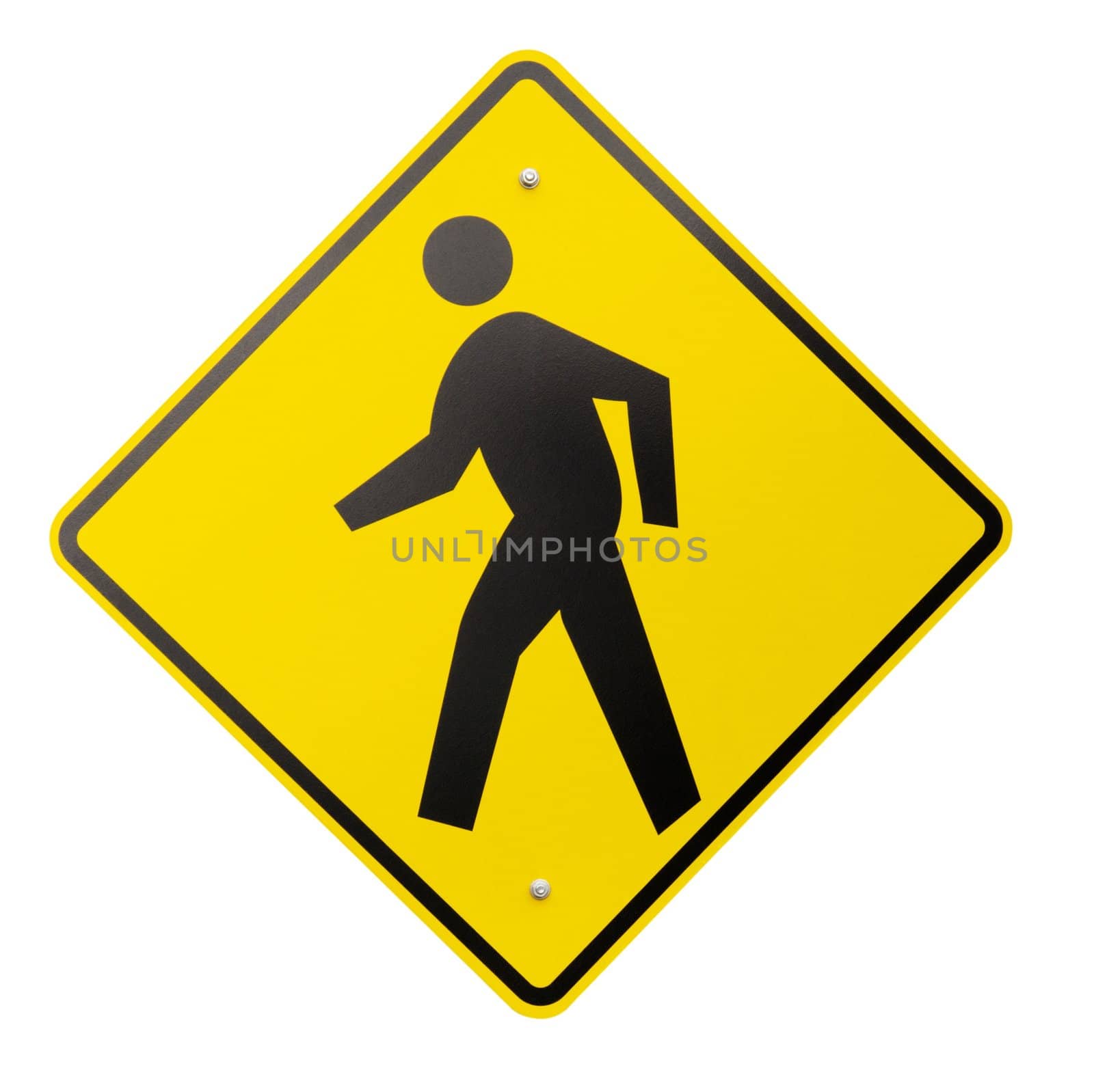 A yellow safety or warning sign for pedestrians walking isolated on a white background