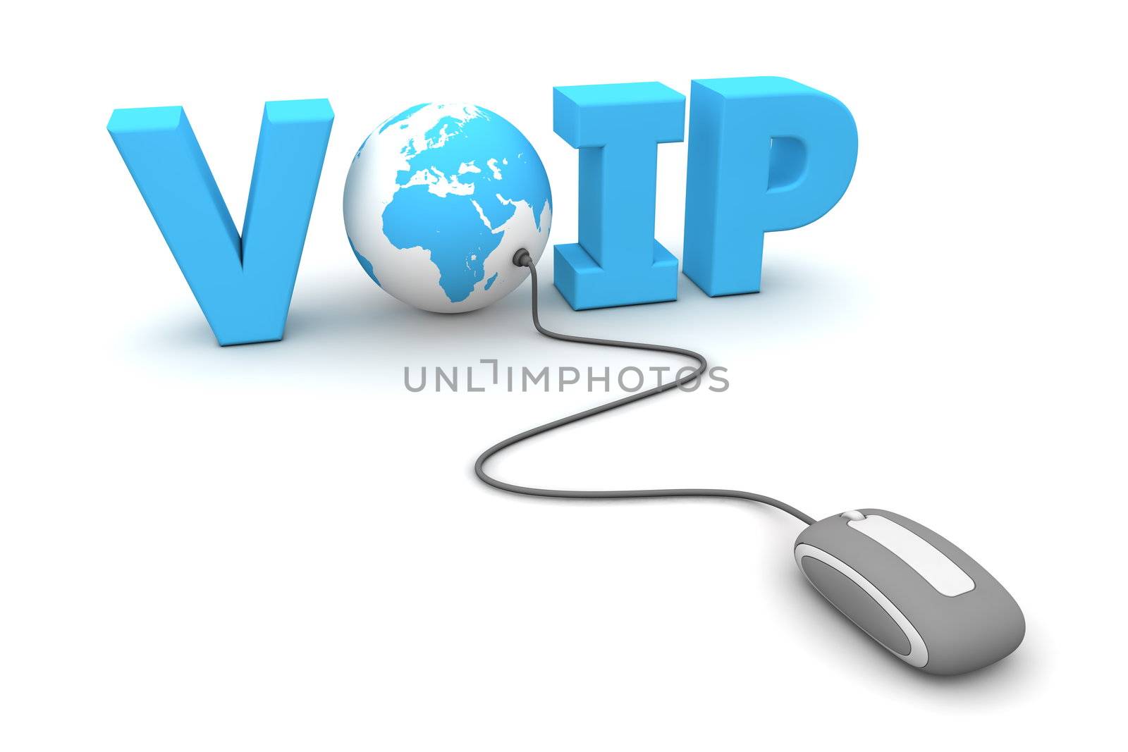 modern grey computer mouse connected to a blue globe in the the blue word VOIP