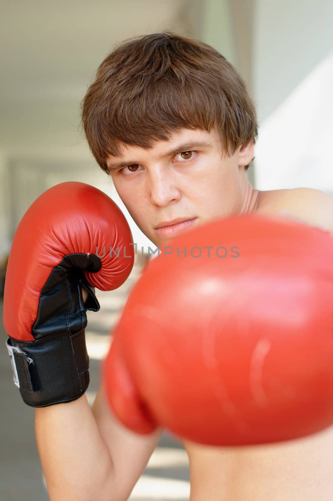 Close-up portrait of a boxer with red gloves