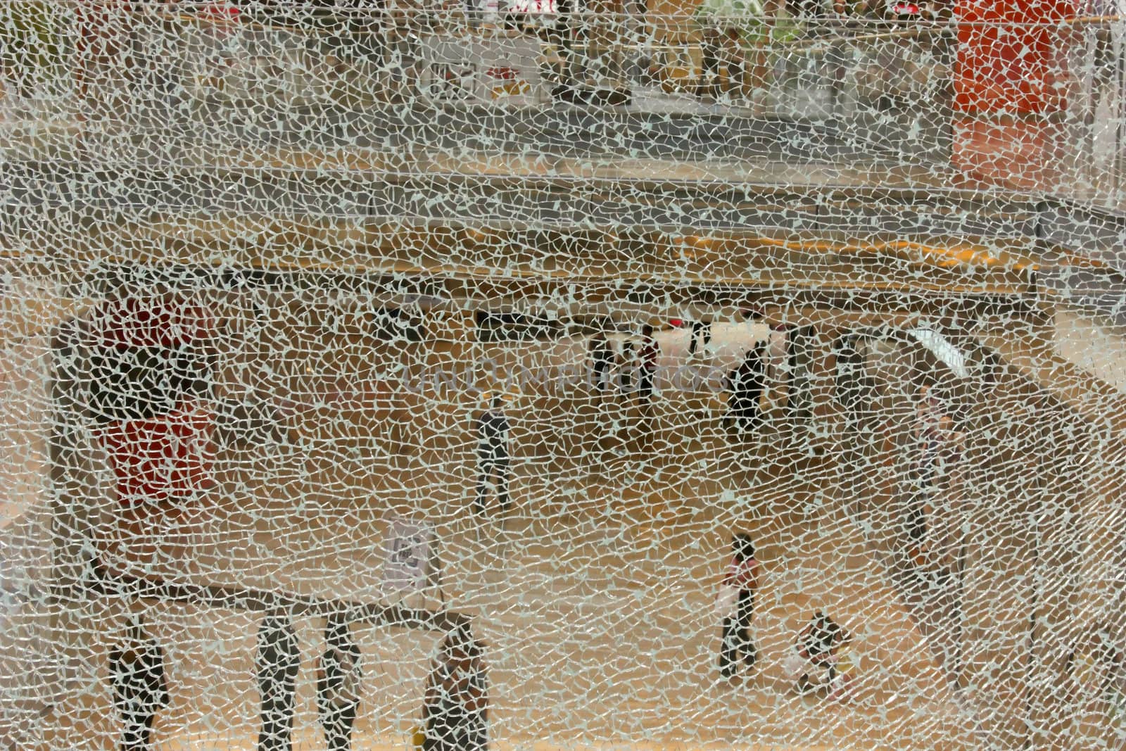View through broken glass in shopping center