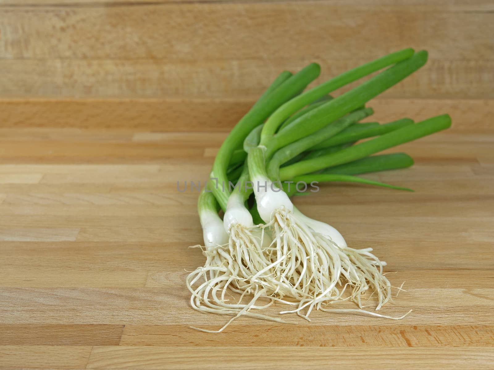 fresh and green spring onions on cutting board