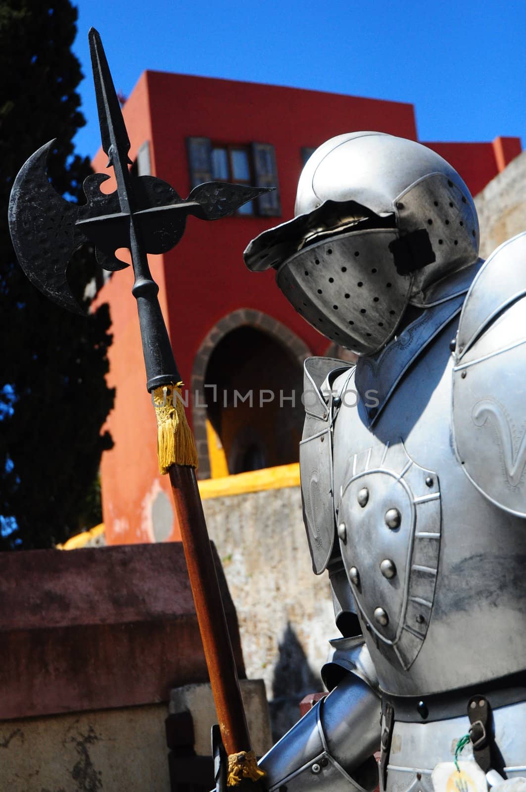 A puppet of a medieval knight on the streets of the old city.