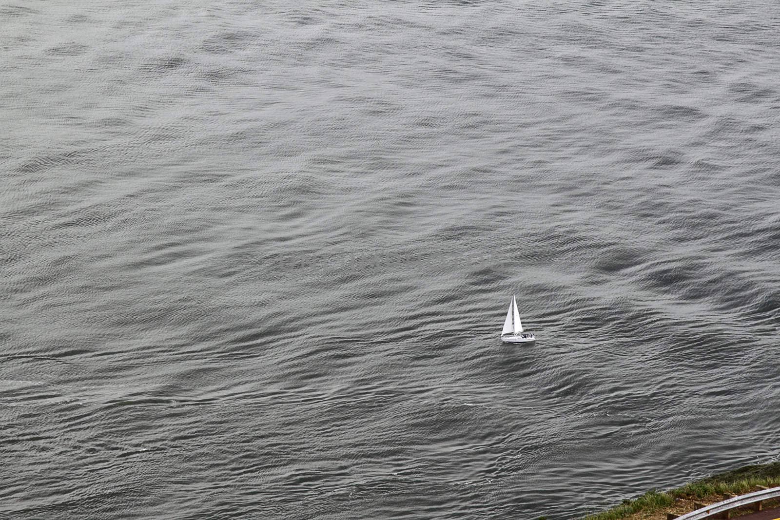Small white sailboat on grey water
