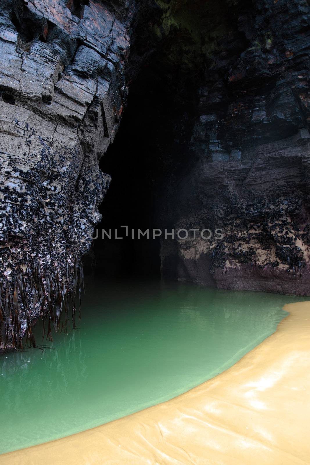 a beautiful green pool on sandy beach against cliffs
