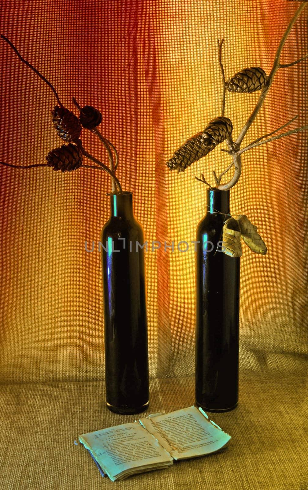 Forest composition. Vase with bronze fir branches and book on sacking.