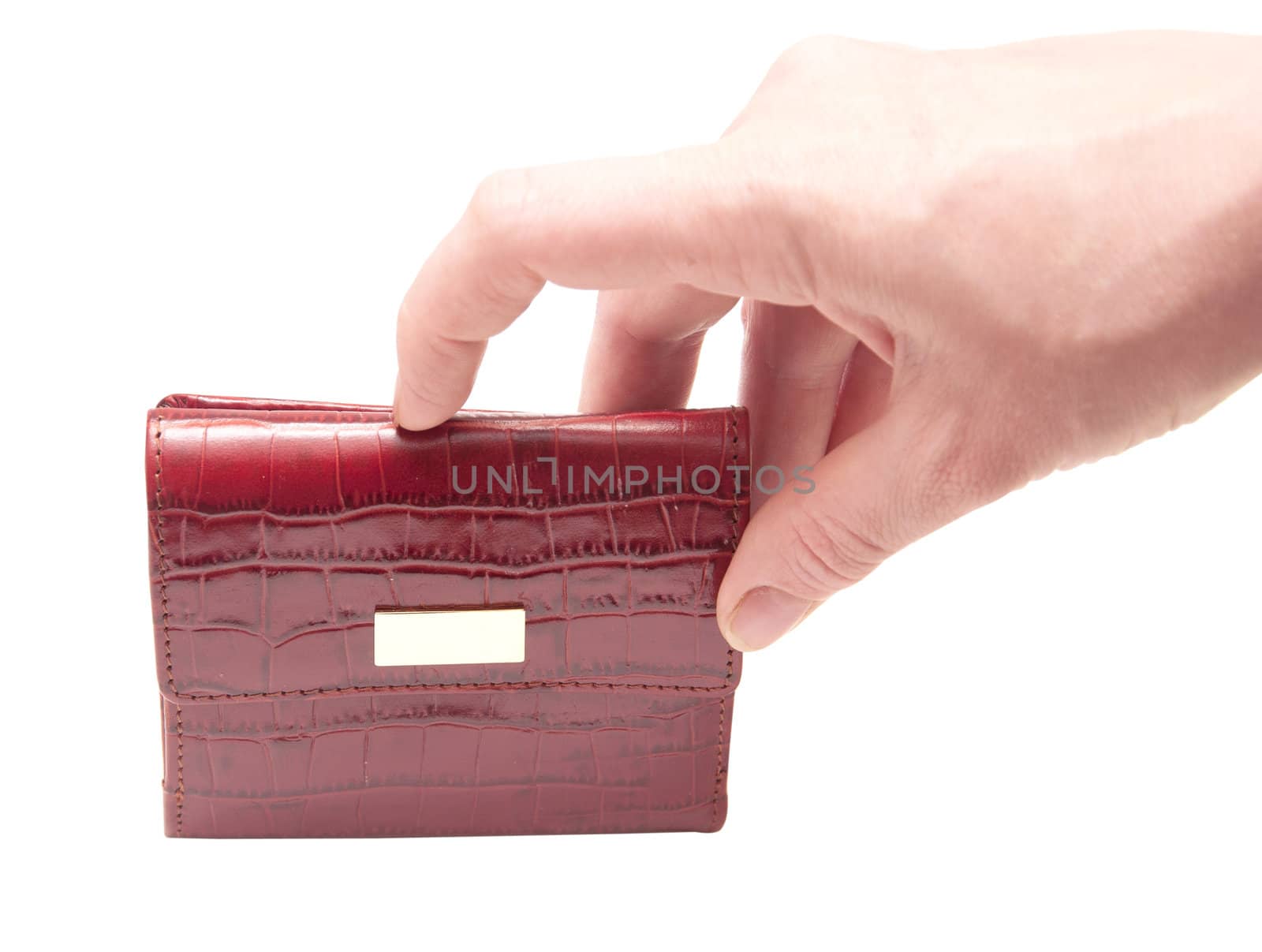 a hand holding a red purse over a white background 