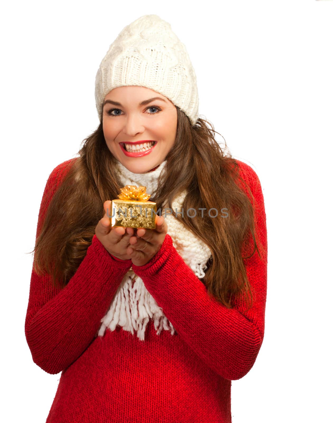 Beautiful young happy woman  holding small gift by Jaykayl