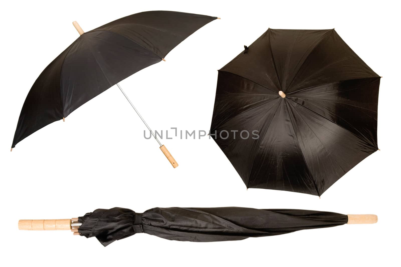 black umbrella isolated on white, protection from sun and rain