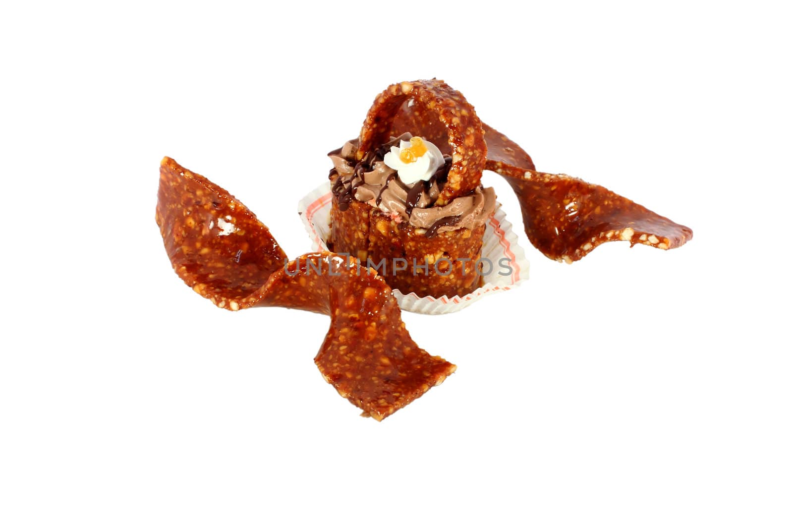 Little sweet candy basket with two pralines isolated on white