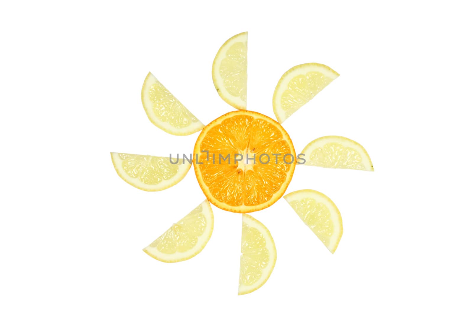 Sun made of orange and lemon slices isolated on white