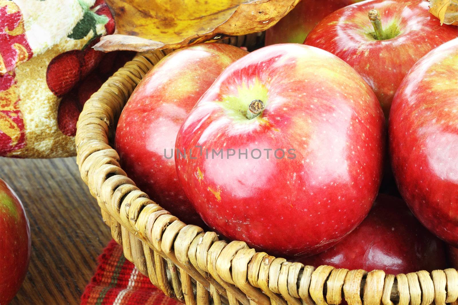 Basket of freshly picked organic red apples and autumn leaves.
