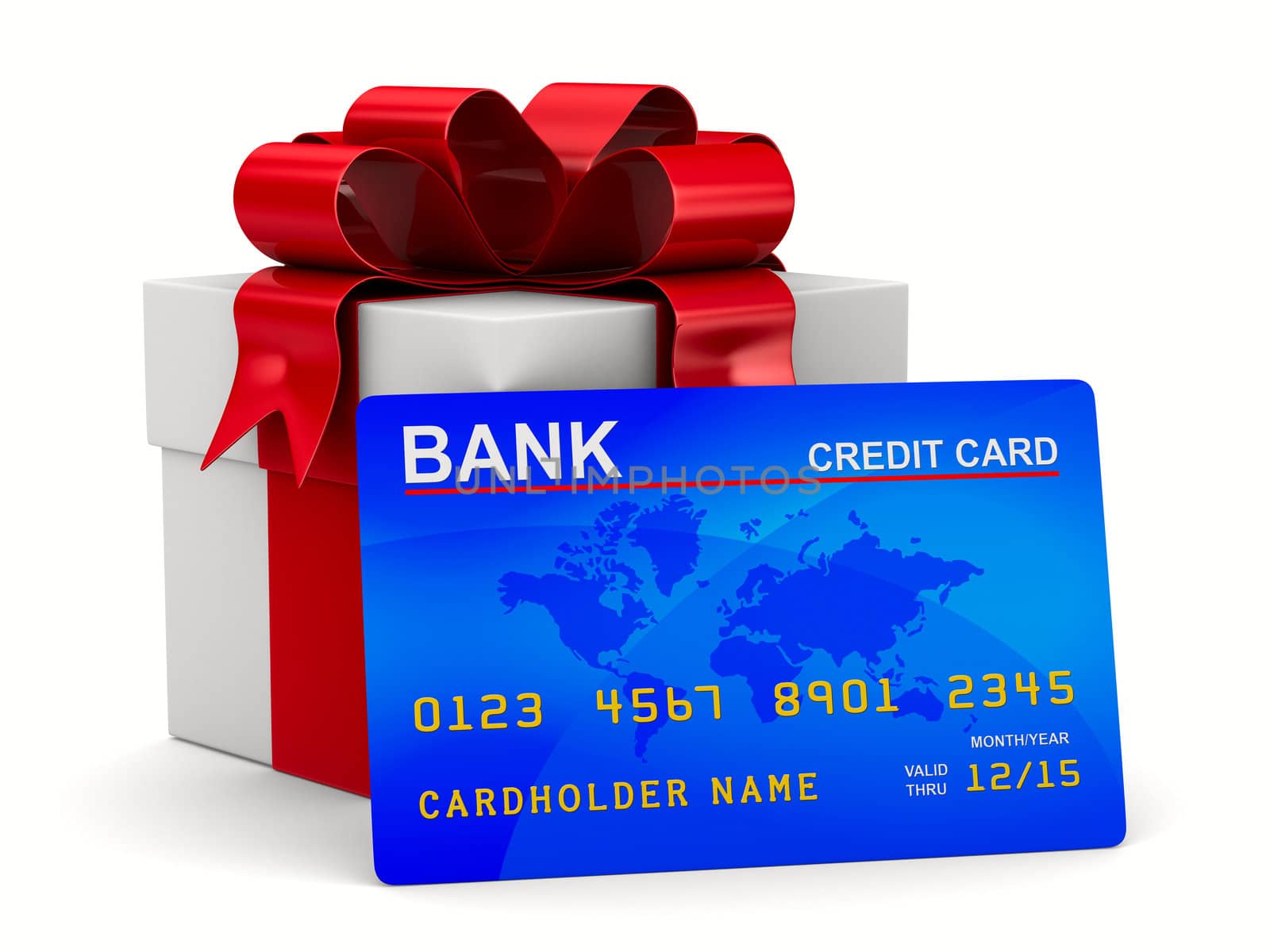 White gift box with credit card. Isolated 3D image
