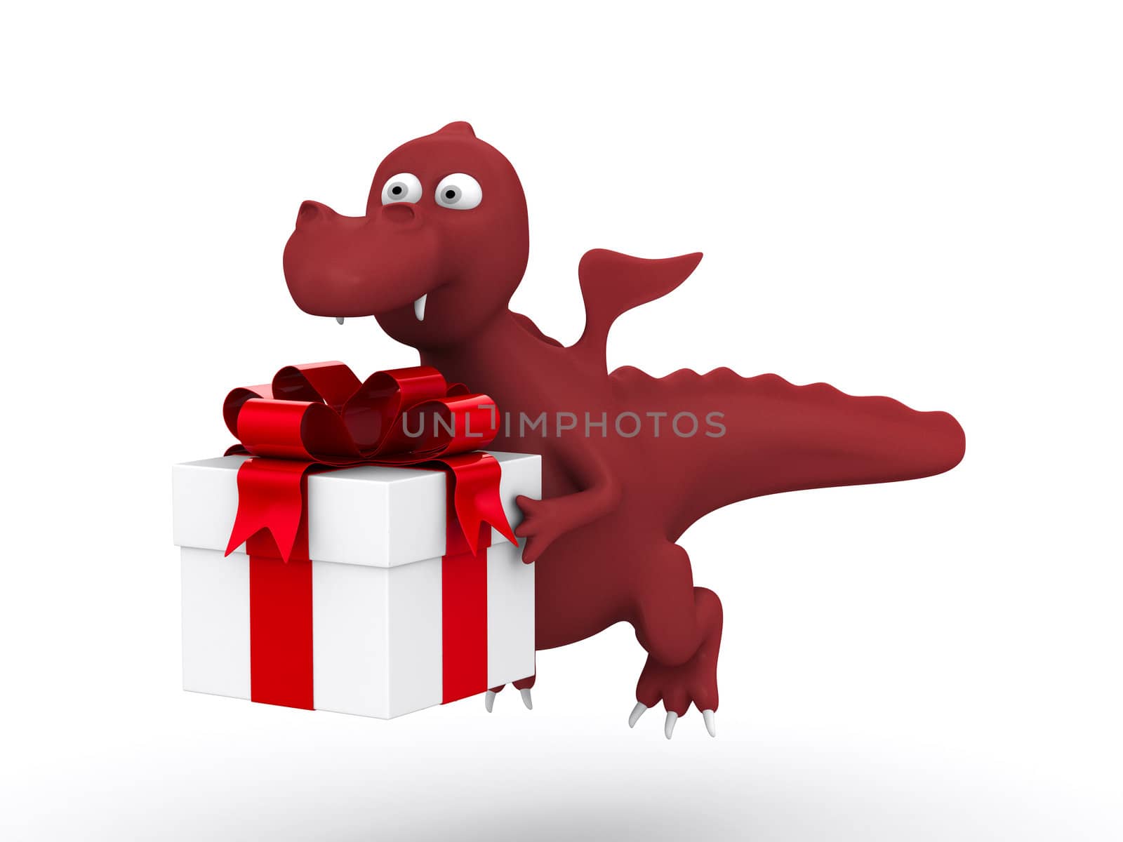 Dragon with white gift box. Isolated 3D image.