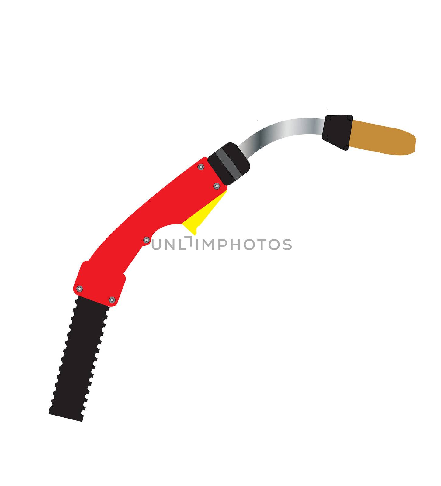 A Red and Yellow Mig Welding Torch isolated on White