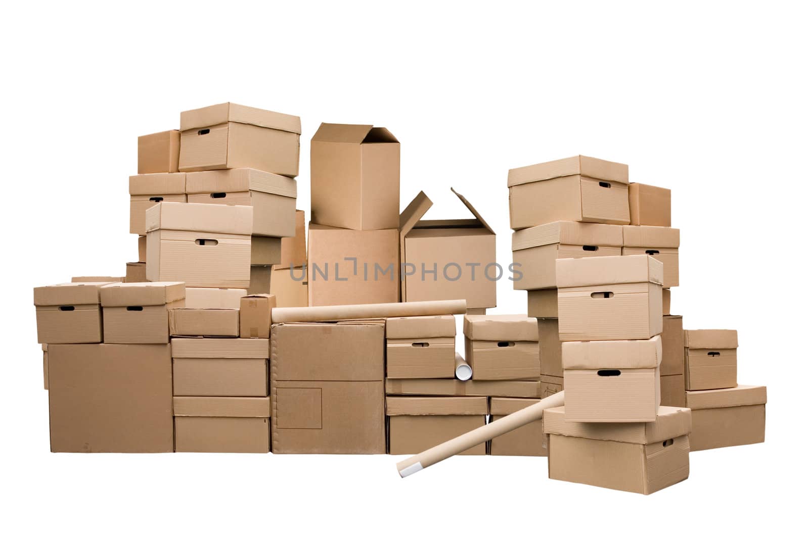 Brown different cardboard boxes arranged in stack on white background