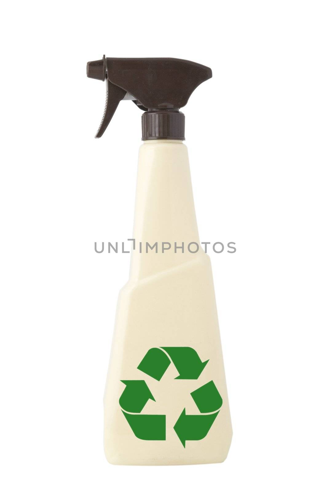 TAN PULVERIZER, ATOMIZER, CLEANING SPRAY ON WHITE BACKGROUND and green recycling sign