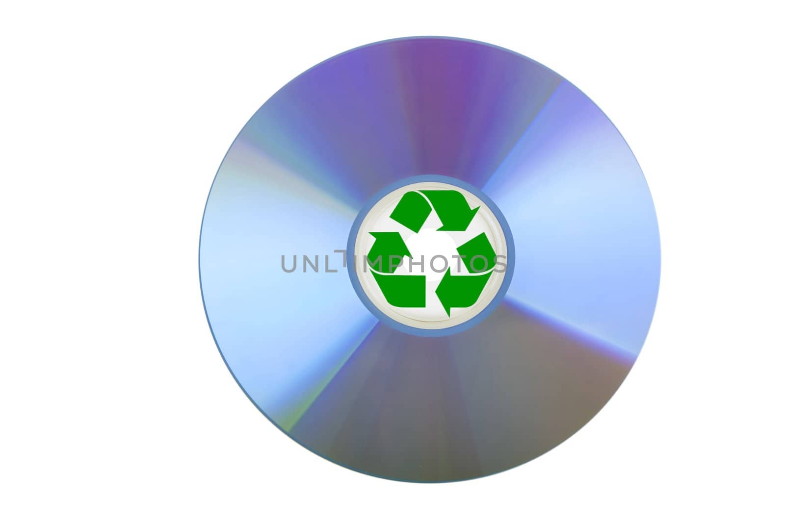 blank CD or DVD on white background with recycle sign