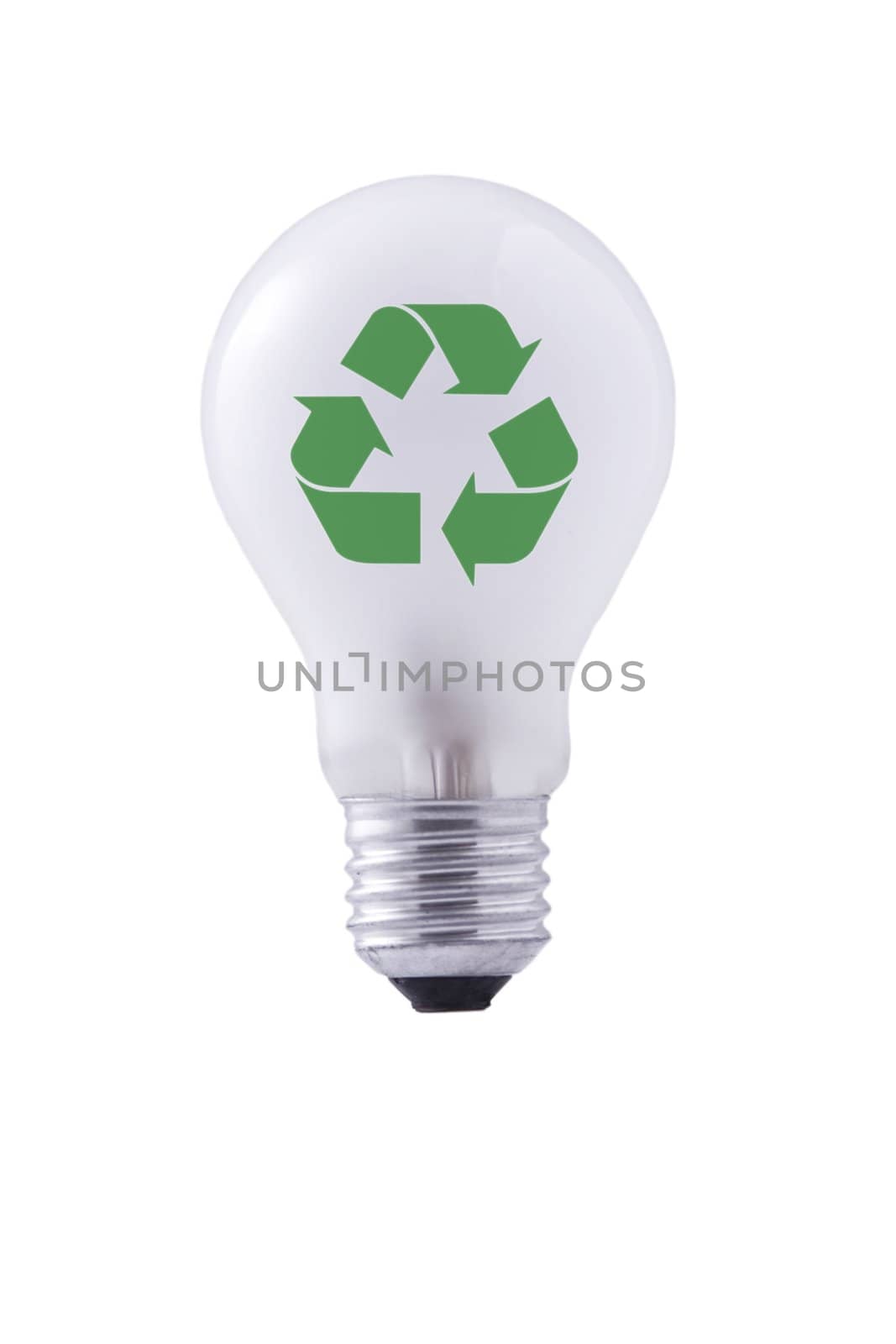 light bulb and green recycling sign on white background
