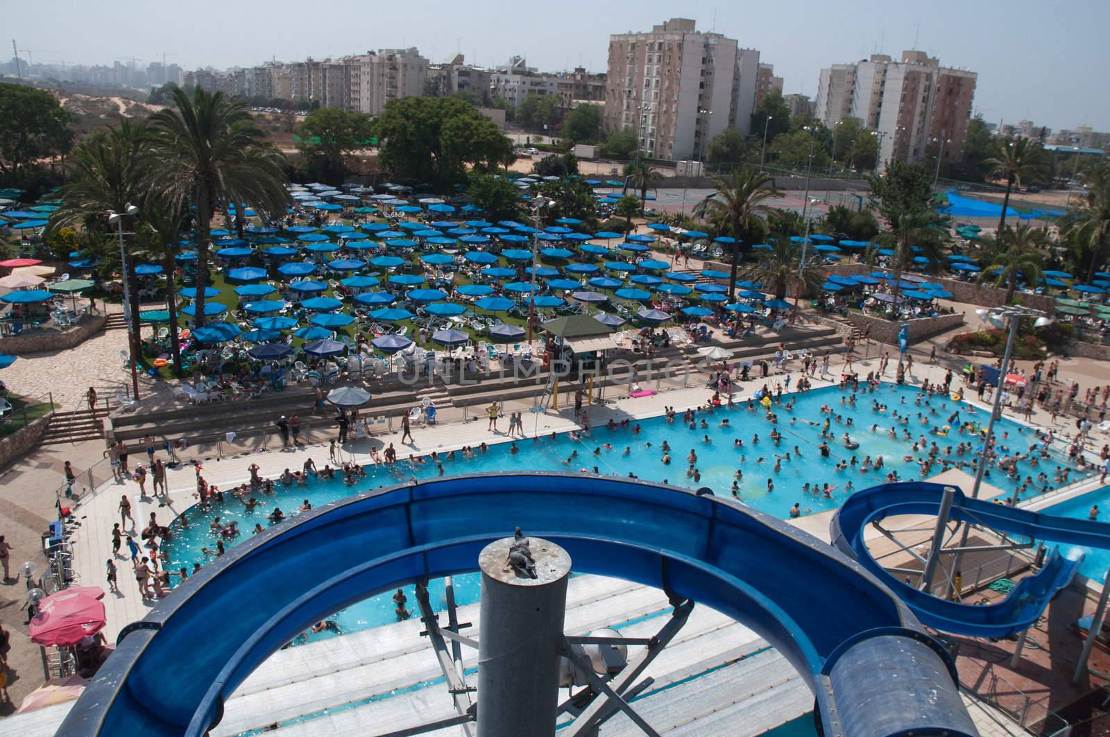 Water park view , with slides and swimming pool .