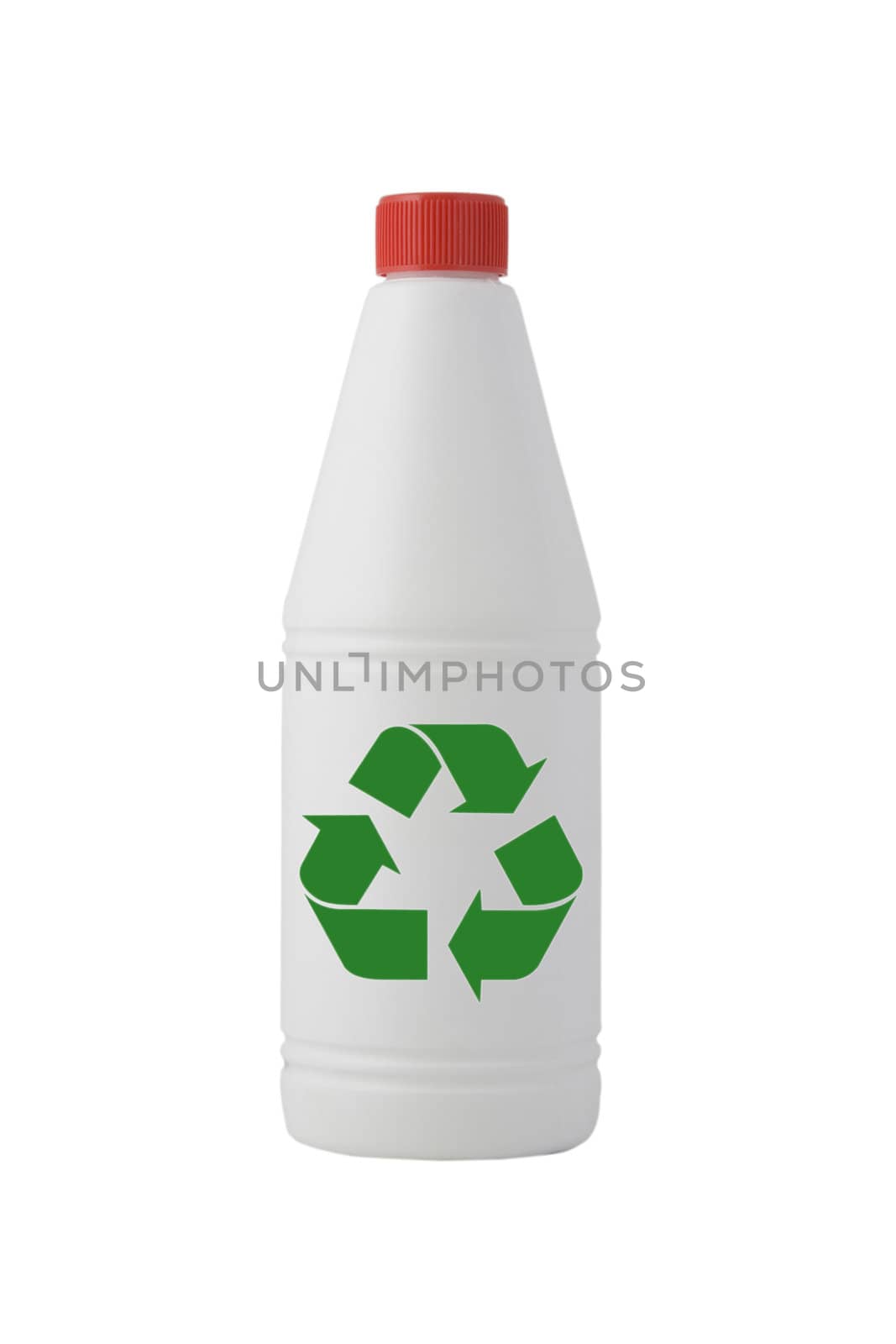 white bottle, cleaning product with recycling sign
