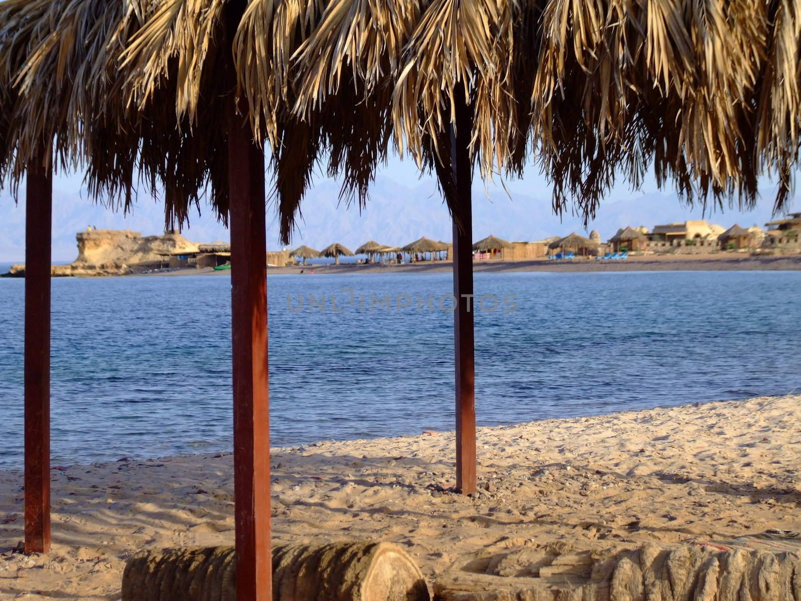 Reed hut on beach, red sea, Sinai, Egypt