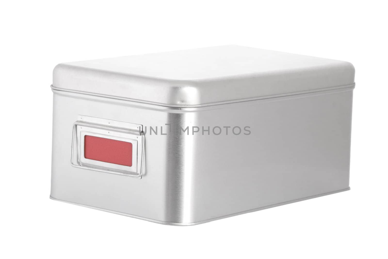 silver steel box with red blank label on white background