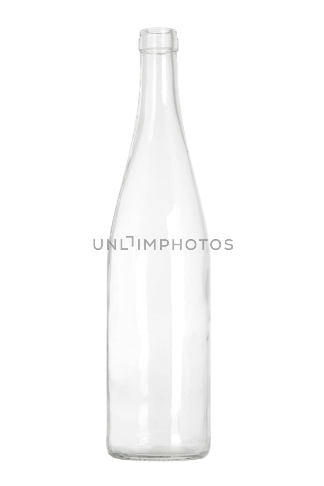 front view of transparent glass bottle on white background