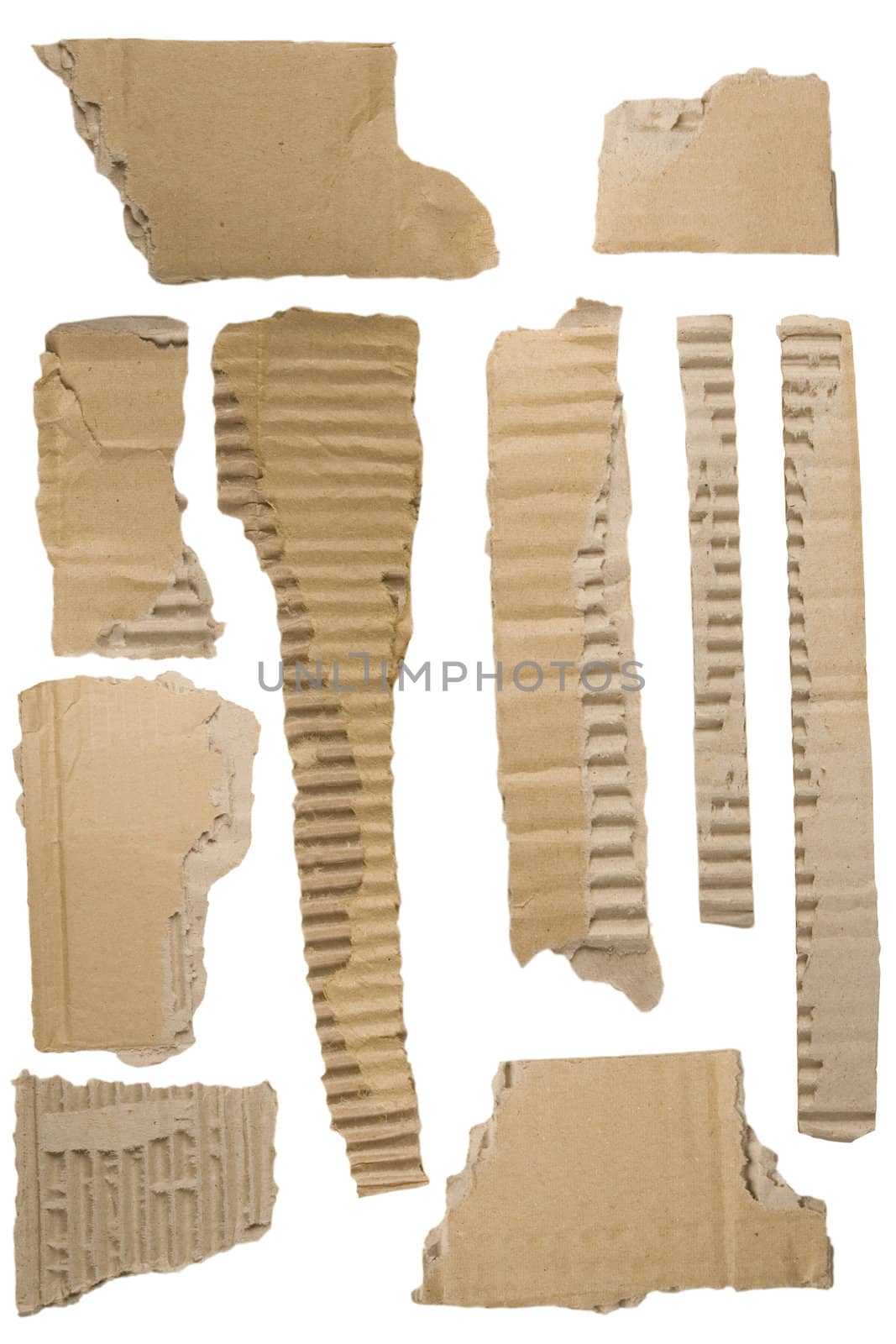 Pieces of torn brown corrugated cardboard, Isolated on White Background