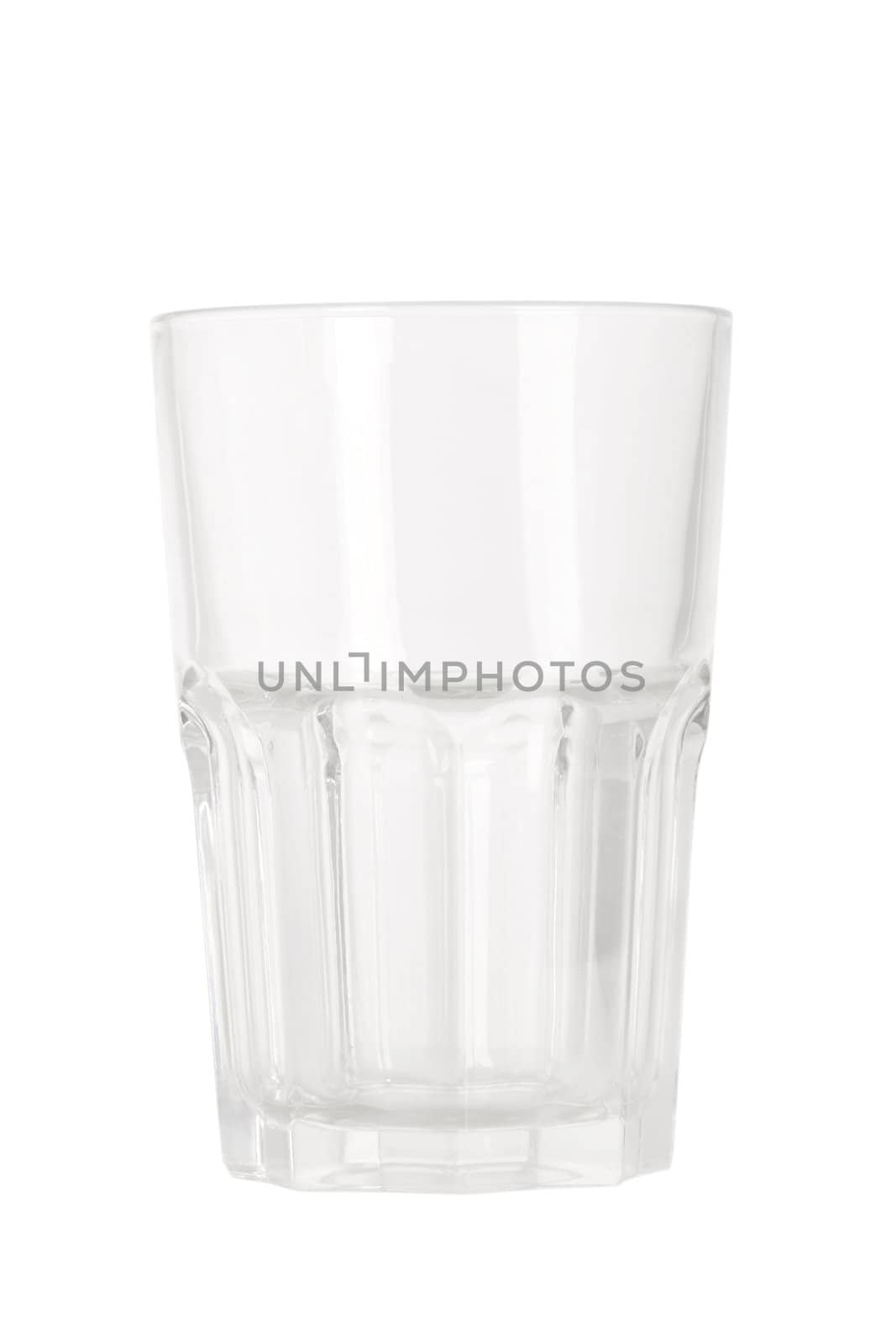 front view of empty water glass on white background