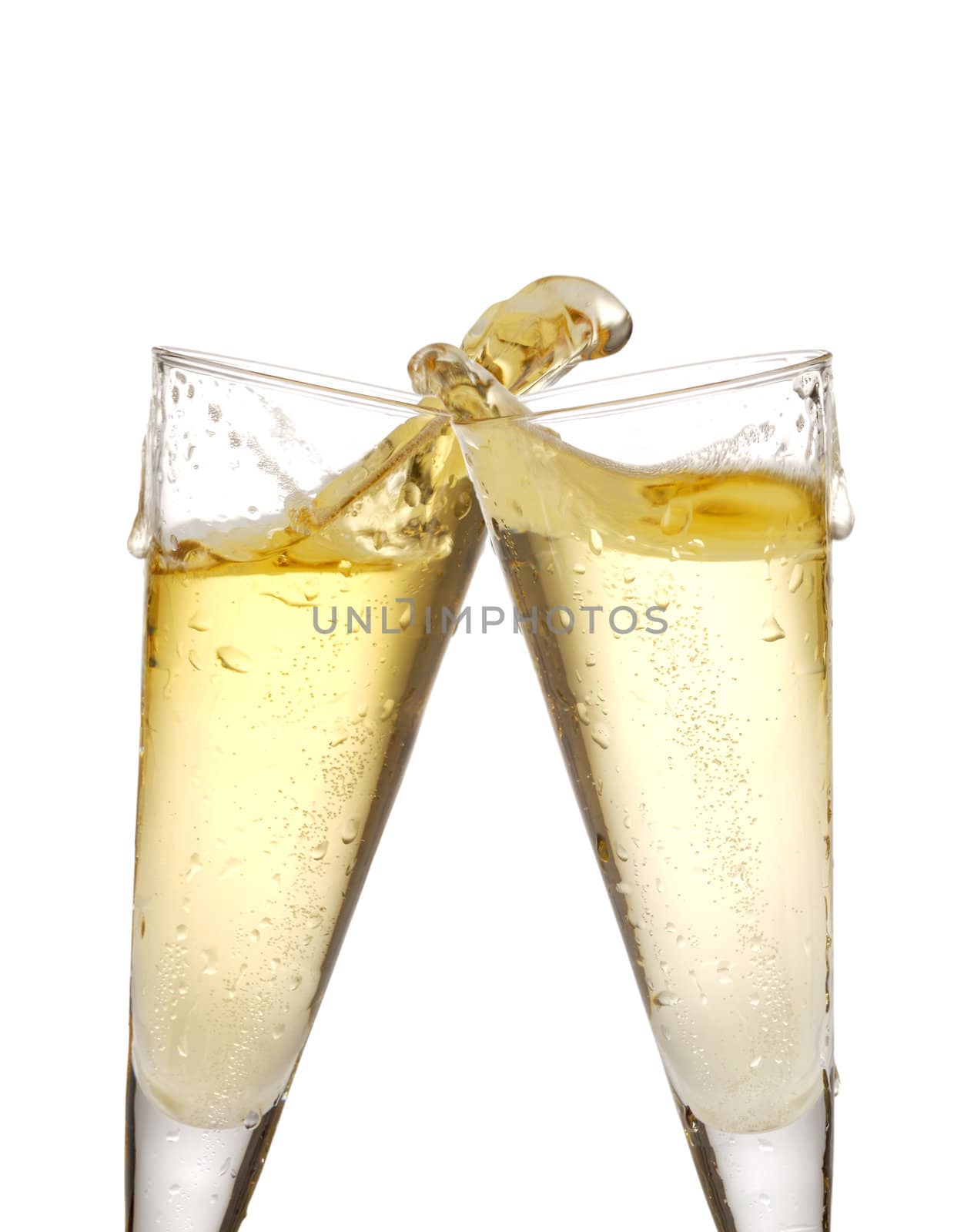 two champagne glasses isolated on white with splashes