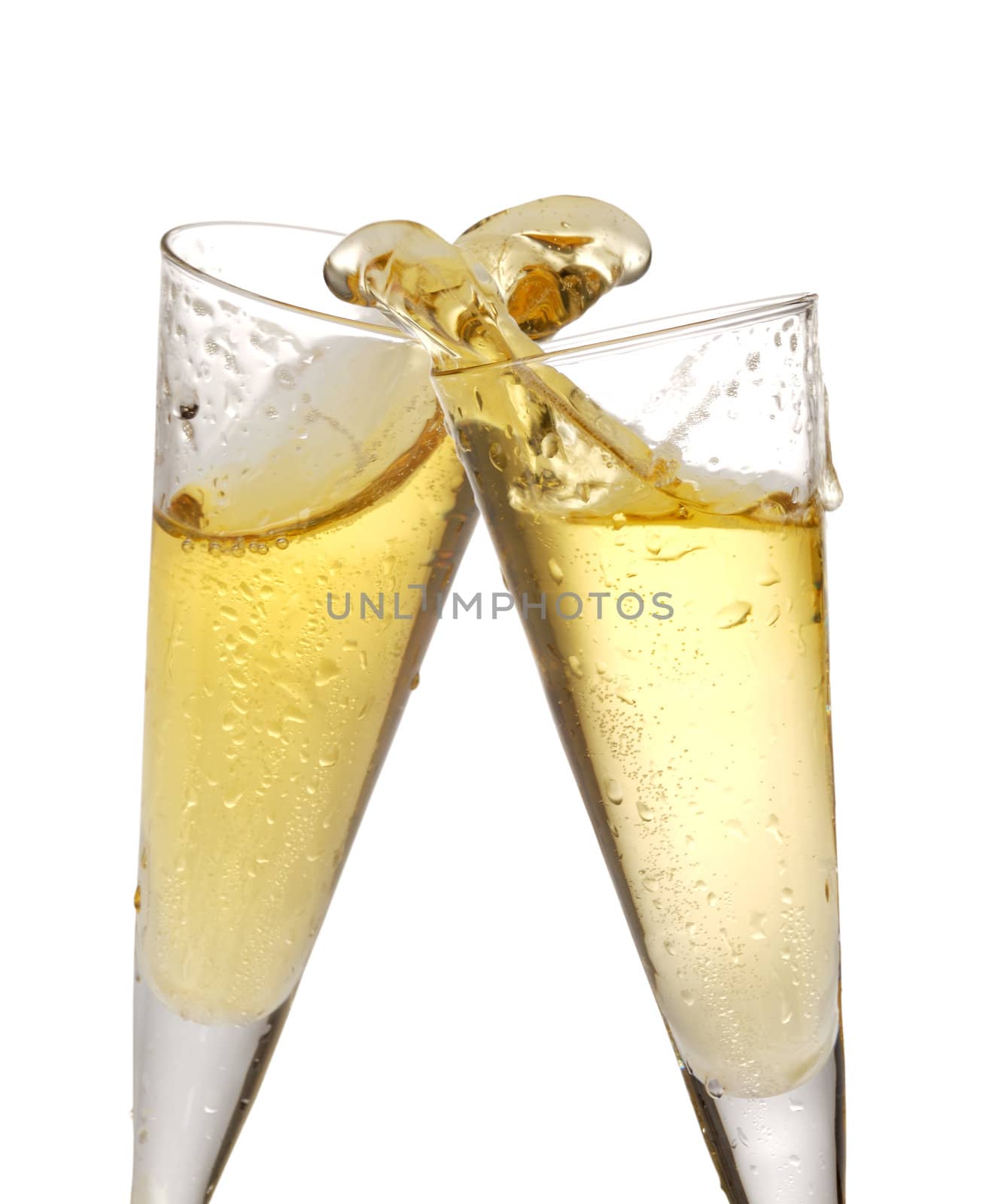 two champagne glasses isolated on white with splashes