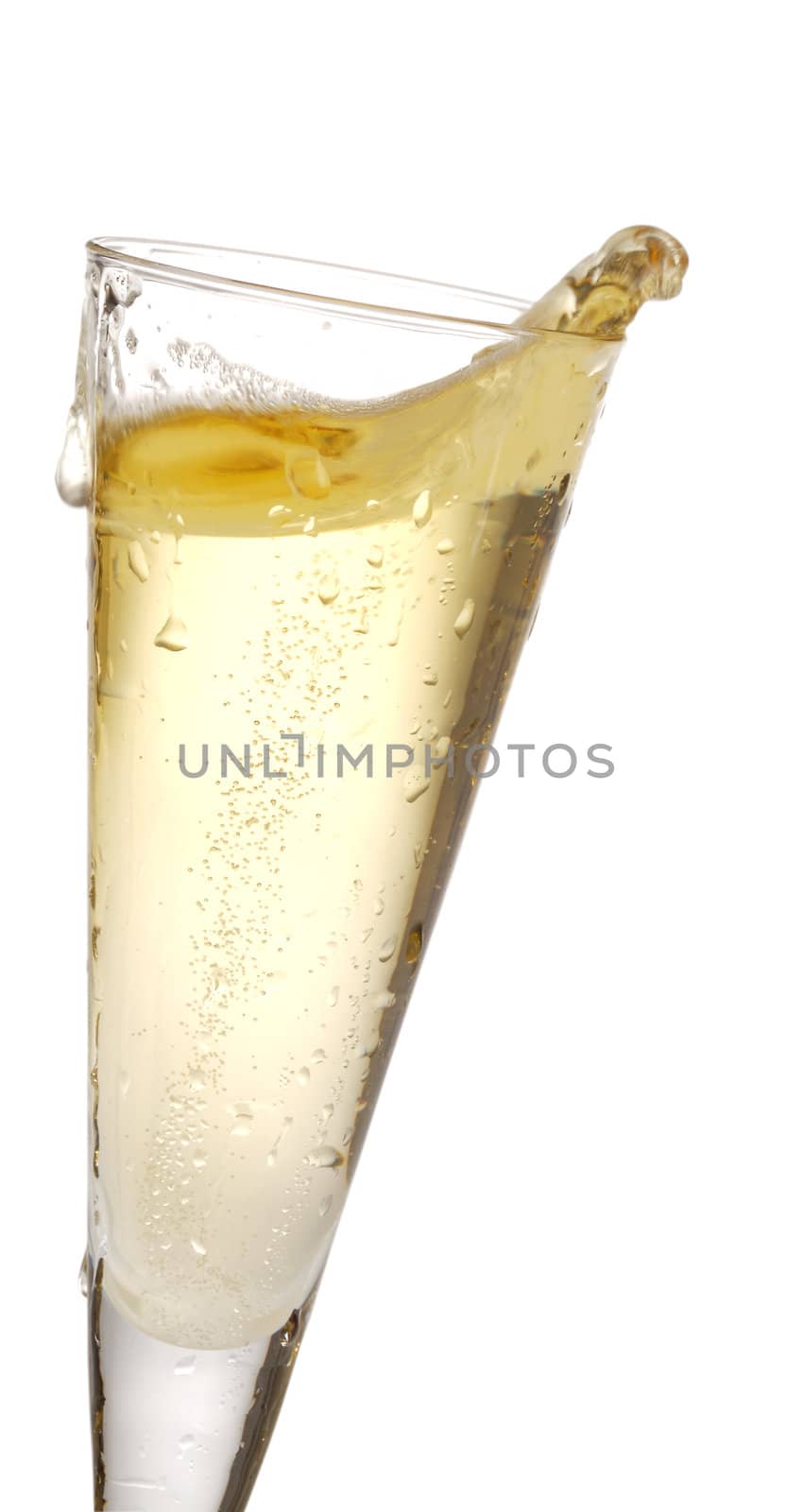one champagne glass with champagne splashing out of it