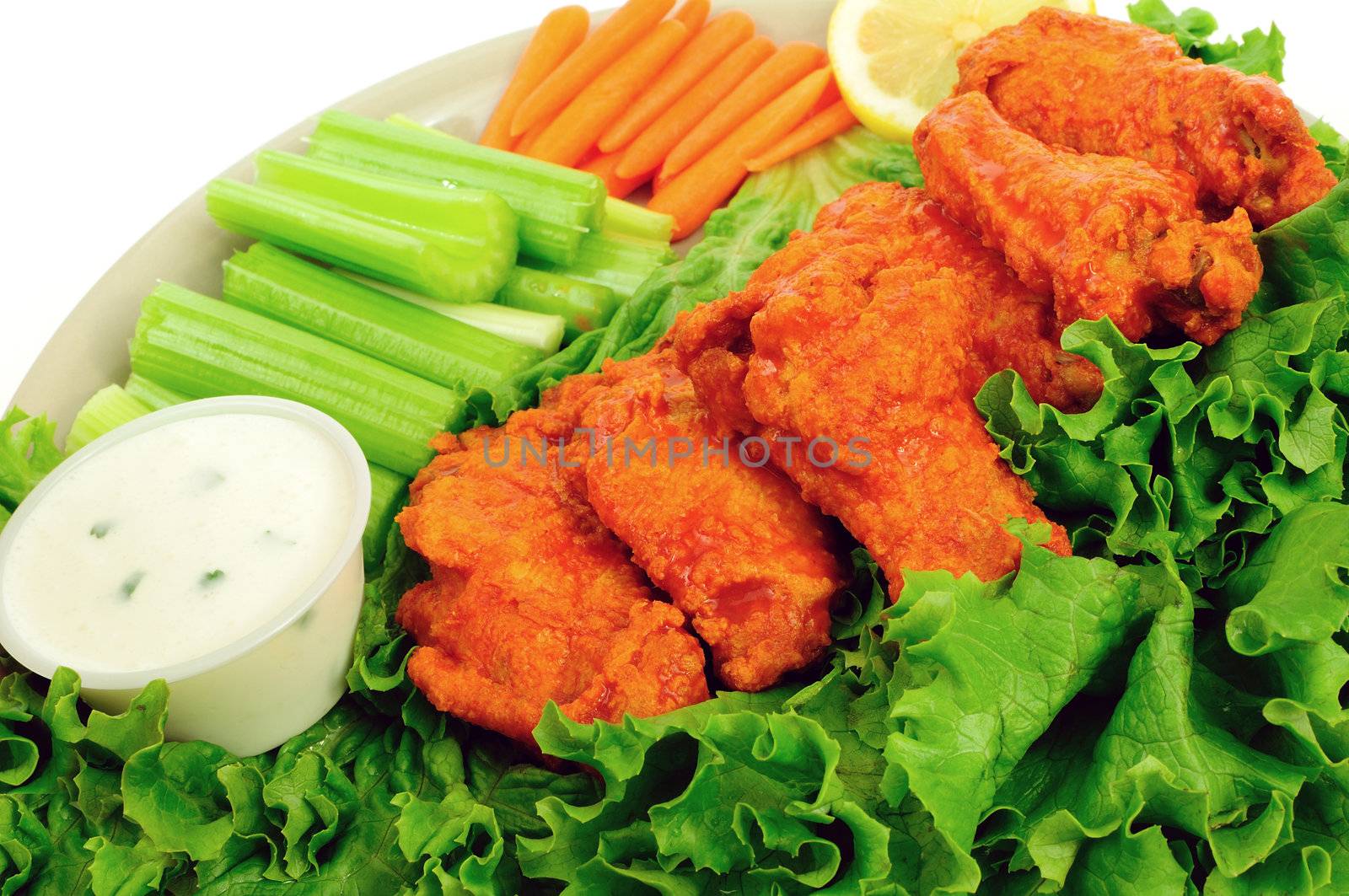Delicious buffalo chicken wings served with celery, carrots and chunky blue cheese dip