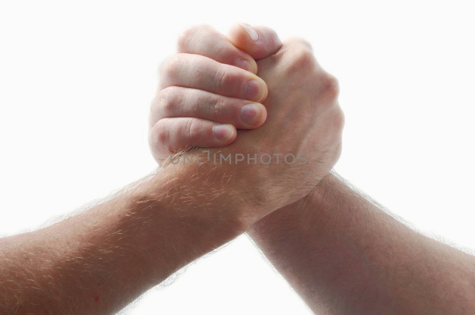 Two hands men wrestling isolated on white background .